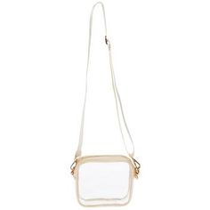 Dimensions: 5.75" x 7" x 2.25" Strap Drop Length: 17" Material: Fabric, Plastic & Metal Color: Sand, Gold & Clear Quantity: 1 Carry your items in style with a Clear Stadium Crossbody Bag. It features a fashionably clear body that allows you to see what contents are inside. The bag has a shiny zipper across the top and lobster clasps that connect an adjustable shoulder strap to either side. Add to your going-out outfit with this stylish crossbody bag! Clear Crossbody Shoulder Bag With Detachable Strap, Travel Crossbody Satchel With Clear Strap, Everyday Crossbody Shoulder Bag With Clear Strap, White School Bag With Clear Strap, Clear Rectangular Shoulder Bag, Clear Shoulder Bag With Removable Pouch For Everyday, White Rectangular Pouch With Detachable Strap, Everyday Clear Shoulder Bag With Removable Pouch, Clear Rectangular Bag With Detachable Strap