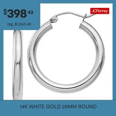 Features: Quick ShipEarring Back: HingedShape: RoundMetal Color: WhiteEarring Length: 25mmEarring Width: 3mmCare: Wipe CleanEarrings Style: Hoop EarringsMetal: 14k White GoldCountry of Origin: Imported Hoop Earrings, White Gold, White, Color