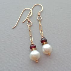 Akoya Pearl and Garnet Gold Fill Drop Earrings / Simple Elegant Earrings / June January Birthday Gift Silver Drop Earrings Simple, Simple Elegant Earrings, Scientific Process, Wedding Pearls, Garnet Drop Earrings, Drop Earrings Simple, Japanese Man, January Birthday, Jewelry Making Earrings