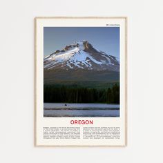 an image of a mountain with the words oregon in red on it and a lake below