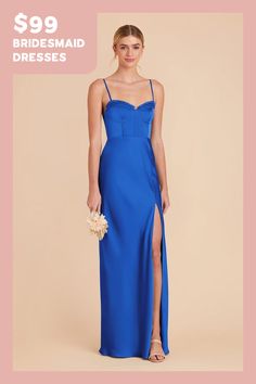 a woman in a blue dress with the words $ 99 bridesmaid dresses on it