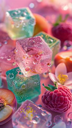 colorful ice cubes with water droplets on them and fruit in the foreground, including raspberries