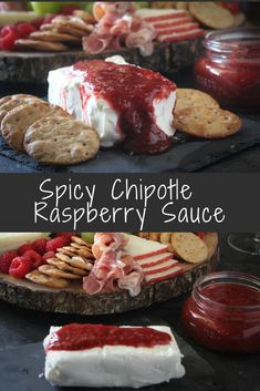 some cheese and crackers are sitting on a plate with raspberry sauce in the middle