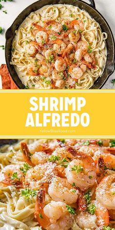 shrimp alfredo in a skillet with pasta and parmesan cheese on the side