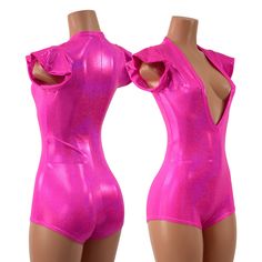 This item is made to order, please read all the way through the listing before purchasing! This bodysuit is made of a neon pink metallic holographic spandex. Flip sleeves and boy cut legs.  This fabric has an amazing holographic sparkle! Deep, plunging v neckline. Four way stretch for a figure forming fit. This bodysuit is unlined. Womens Sizing (See below for instructions on where measurements should be taken) XXS: Bust 29"-30" / Waist 22"-23" / Hips 30"-32" Extra Small: Bust 31"-32" / Waist 24 Neon Pink Outfit, V Neck Romper, Boy Cut, Pink Clothes, Pink Holographic, Ideas Clothes, Boy Cuts, Pink Metallic, Pink Outfits