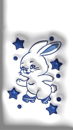 a drawing of a bunny skateboarding with stars on it's back ground and in the air