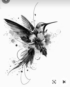 a black and white drawing of a hummingbird