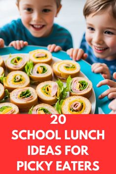 two young boys sitting at a table with sandwiches on it and the words, 20 school lunch ideas for picky eaters