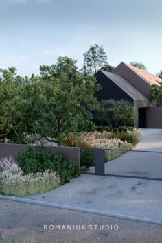 an artist's rendering of a house in the middle of trees and bushes, with a driveway leading to it