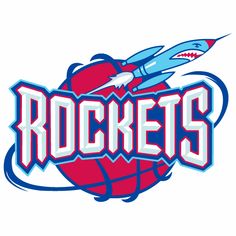 the rockets logo on top of a basketball ball with an airplane flying over it