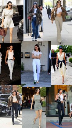 many different pictures of women walking down the street, including one woman in white top and two