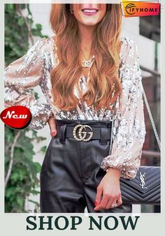 Women's Blouses Sequined V-neck Long Sleeve Blouse Glamorous V-neck Tops For Date Night, Trendy Blouse For Party Season, V-neck Blouse For Going Out In Fall, Sequin Tops For Going Out In Spring, Trendy Fall Blouse With Sequins, Trendy Sequined Blouse For Fall, Trendy V-neck Blouse For Going Out, Sequined V-neck Tops For Fall, V-neck Sequin Blouse For Night Out