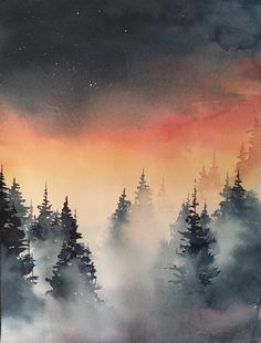 a painting of some trees in the fog at sunset with stars and clouds above them