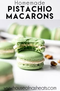 green macarons are stacked on top of each other with the words homemade pistachio macaroons