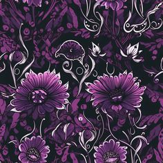 purple and white flowers on black background with swirls in the center, as well as an ornate design