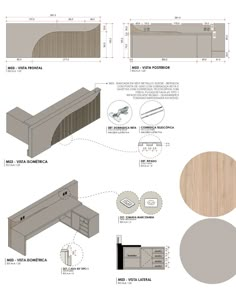 the design for an office desk with several different angles and finishes, including woodgrain