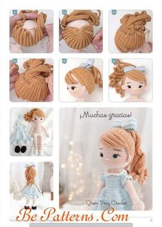 the instructions for crocheted doll hair are shown