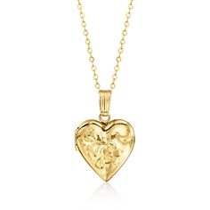 PRICES MAY VARY. GENUINE 10KT GOLD — 10kt yellow gold floral heart locket necklace. Textured and polished finishes. 16 in. long. 1/2 in. wide. 1mm cable chain from Italy. Fits approx. 5/16" x 5/16" photo. 2.2 grams. Springring clasp. STRONG AND BEAUTIFUL — Crafted of durable precious metal that’s stronger than 14kt and 18kt gold, our sturdy, worry-free 10kt gold pieces are waterproof, sweatproof and won’t tarnish. REAL GOLD YOU LIVE IN — Canaria fine jewelry is the affordable luxury you’ve been Gold Heart Pendant Necklace, Gold Wardrobe, Italy Fits, Gold Heart Locket, Gold Locket Necklace, Detailed Necklace, Heart Locket Necklace, Heart Pendant Gold, Gold Locket