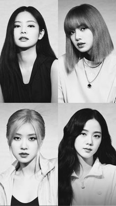 four black and white photos of young women with long hair, wearing different styles of necklaces