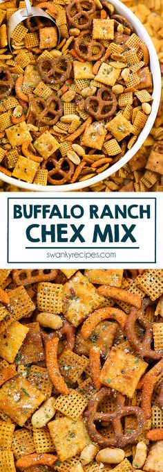 a bowl full of chex mix with the words buffalo ranch next to it on top