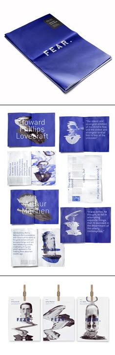 an open book with blue pages and pictures on the front, side, and back