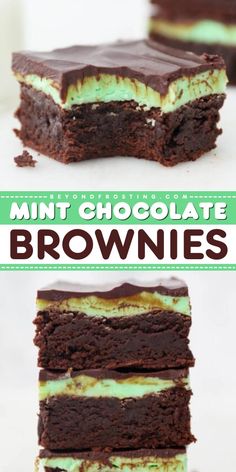 chocolate mint brownies are stacked on top of each other