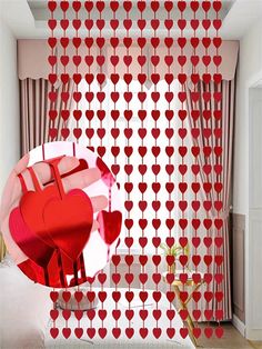 a room with red hearts on the wall and curtains