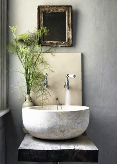 a white sink sitting under a mirror next to a window with plants in the bowl