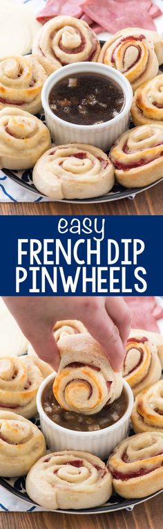 easy french dip pinwheels on a plate with dipping sauce