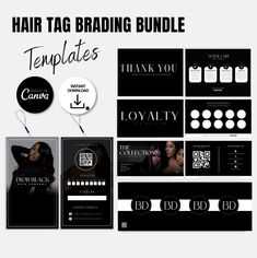 the hair tag branding bundle includes black and white images, buttons, labels, and other items