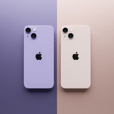 two iphones sitting side by side on top of each other, one is purple and the other is white