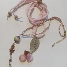 Handcrafted By Me This Boho Layering Ensemble Is Surely Fit For Any Flower Loving ~ Barefoot Free Spirit With Adjustable Sari Silk With Captured Gypsy Soul Stamped Pewter Charm With Vintage Pink Cat Eye Heart ~ Czech Glass Round Heart ~ Topaz Acrylic Trumpet Flower And Nepalese "Sliding" Bead Total Length 30" Brass Tone Hardware Chain Infused With Pink Satin Lace Lightly Fluttering Artisan Glass Bead ~ Dangling Hamsa ~ Wire Wrapped Vintage Cloisonn Bead With Tiny Czech Glass Bead 15" In. ~ 3" Ex Trumpet Flower, Boho Layering, Earth Art, Pretty Jewelry, Recycled Art, Sari Silk, Pink Cat, Art Hand, Jewelry Inspo