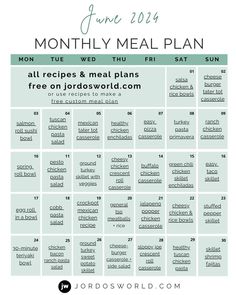 the free printable meal plan for june