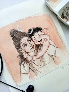 a drawing of two people hugging each other on a piece of paper next to a bowl of food