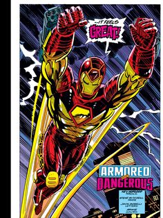 the cover to iron man's comic book, armored dangerous