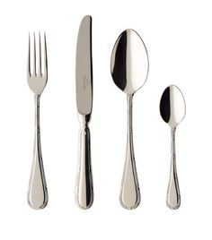 three forks, two spoons and one knife on a white background