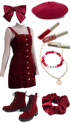 Soft Red Aesthetic Outfit, Pink And Red Aesthetic Outfit, Heart Themed Outfit, Cupid Outfit Aesthetic, Valentinecore Outfit, Cupidcore Outfits, Love Core Outfits, Queen Of Hearts Casual Outfit