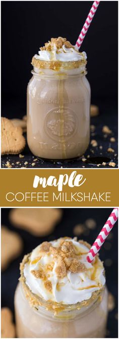 coffee milkshake in a mason jar with two straws on top and the words maple coffee milkshake above it