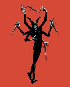 a black and white drawing of a demon holding two knives in the air with both hands