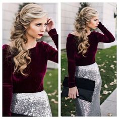 Formal Hairstyles For Long Hair Side Swept, Curled Hair With Side Comb, Cocktail Party Hairstyles Long, Hairstyles For Christmas Party, Cocktail Party Hair, Christmas Party Hair, Half Braided Hairstyles, Holiday Party Hair, Christmas Party Hairstyles