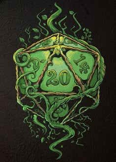 a drawing of a green d20 dice with numbers and vines on the side, in front of a black background