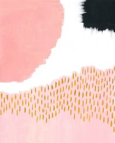 an abstract painting with pink, black and gold colors