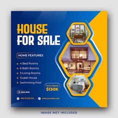 a blue and yellow house for sale flyer