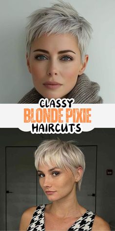 Ready to rock a bold and trendy blonde pixie cut? This chic, low-maintenance hairstyle adds instant flair and sophistication to your look. Perfect for those seeking a fresh, youthful vibe, the blonde pixie cut combines elegance with a modern edge. Whether you're going for a soft platinum blonde or a warm honey tone, this short haircut is ideal for enhancing your features and highlighting your natural beauty. Get inspired by these stunning blonde pixie cut ideas for an effortlessly stylish transformation Blonde Pixie Highlights, Blonde Pixie With Lowlights, Beige Blonde Short Hair, Two Tone Pixie Cut, Short Platinum Blonde Hair Pixie, Short Blonde Hair With Dark Roots, Platinum Blonde Hair Short, Short Blonde Pixie Cut, Long Curly Layers