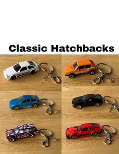 a bunch of cars that are sitting in the middle of a keychain with words classic hatchbacks on it