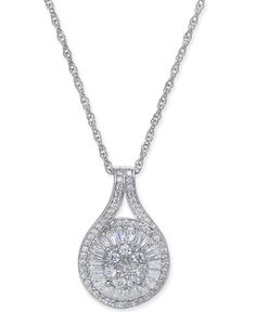 Fabulous and dramatic, this dazzling round-shape and baguette diamond pendant necklace (1/2 ct. t.w.) is a perfect accent to everyday and evening looks. Round Diamond Pendant, Black Diamond Earrings Studs, Black Diamond Jewelry, Diamond Baguette, Gold Cross Pendant, Diamond Cross Pendants, Cluster Pendant, Princess Diamond, Diamond Hoop Earrings