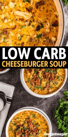 low carb cheeseburger soup in two bowls with spoons on the side