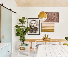 a dining room table with chairs and pictures on the wall above it, next to a potted plant