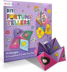 the diy fortune teller is in front of a purple box with stickers on it