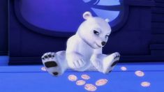 a white polar bear sitting on top of a blue floor next to some gold coins